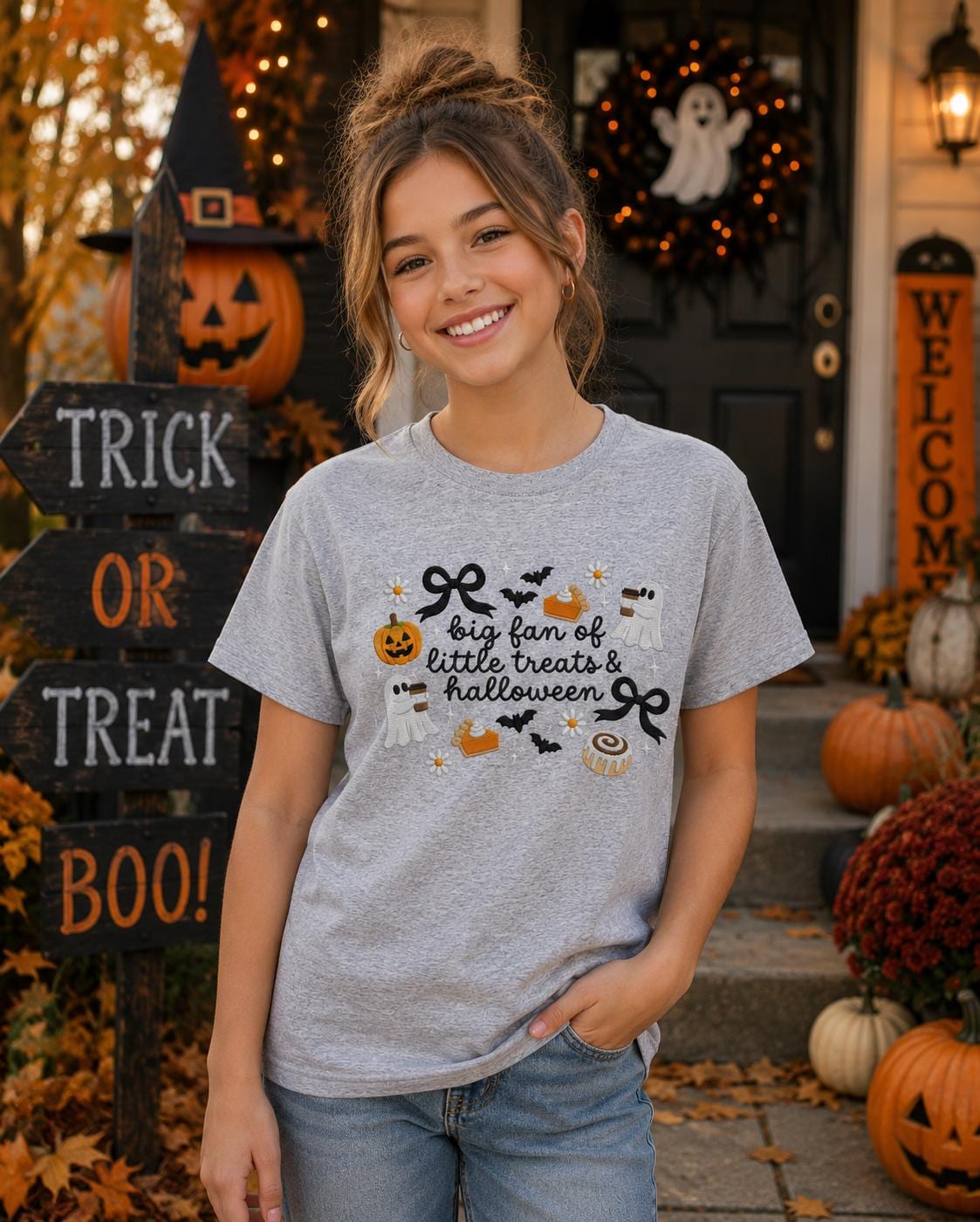 Big Fan of Little Treats & Halloween Embroidered-Inspired Graphic Tee and Sweatshirt/Adult And Youth Sizes