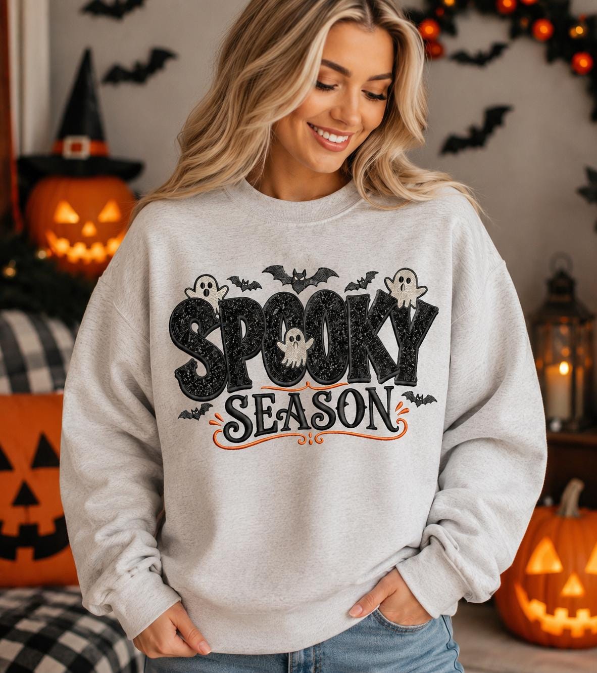 Spooky Season Applique Halloween Embroidered-Inspired Graphic Tee and Sweatshirt/Adult And Youth Sizes