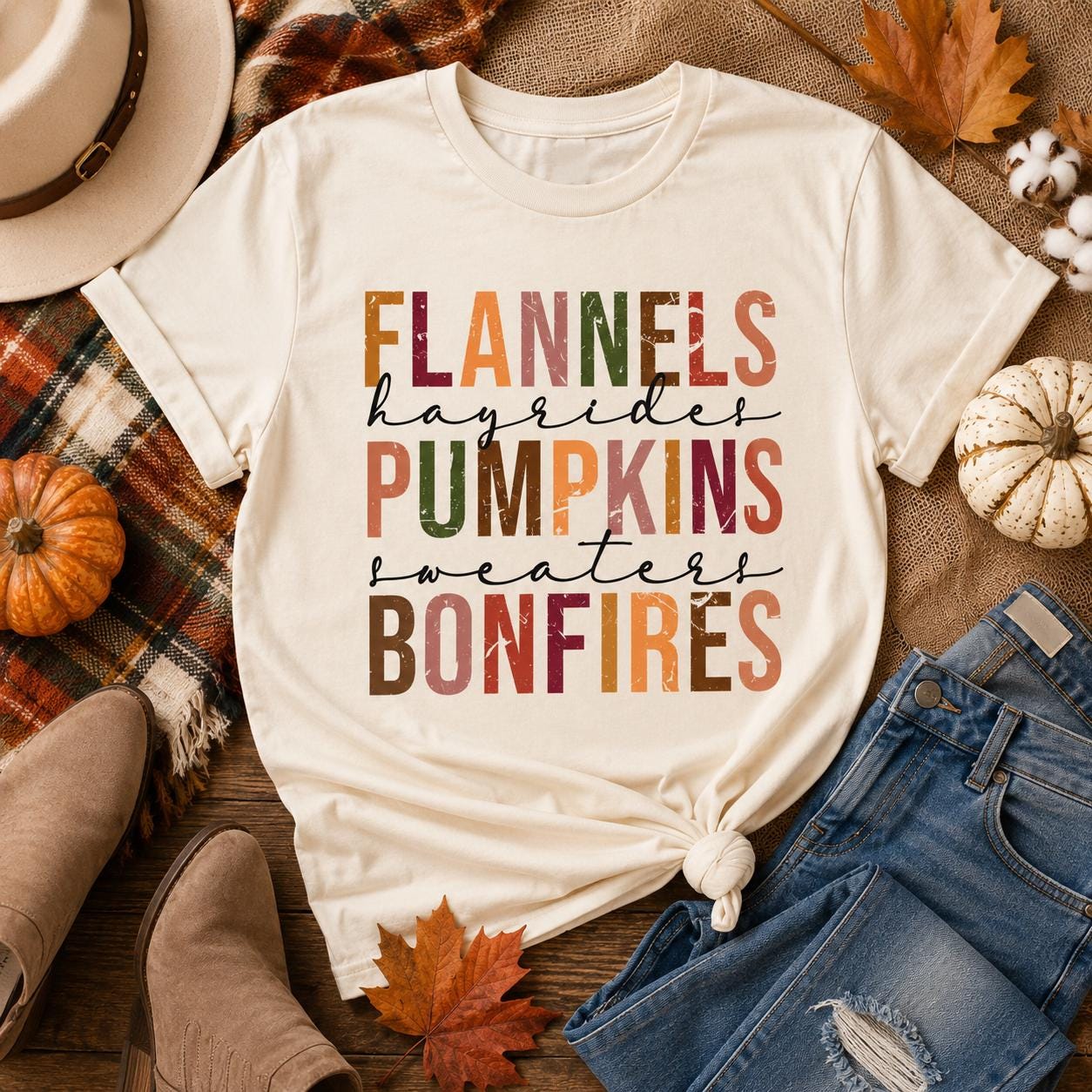 Flannels • Hayrides • Pumpkins • Sweaters • Bonfires” graphic tee