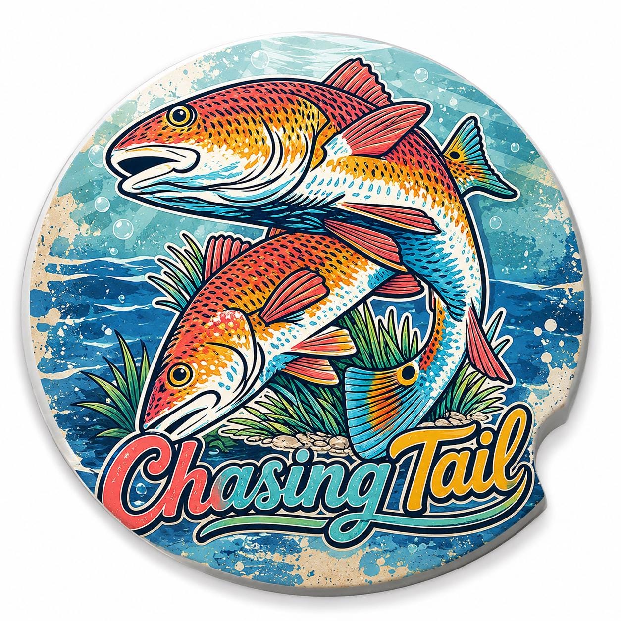 Chasing Tail Red Drum Car Coasters/Ceramic or Neoprene Fabric