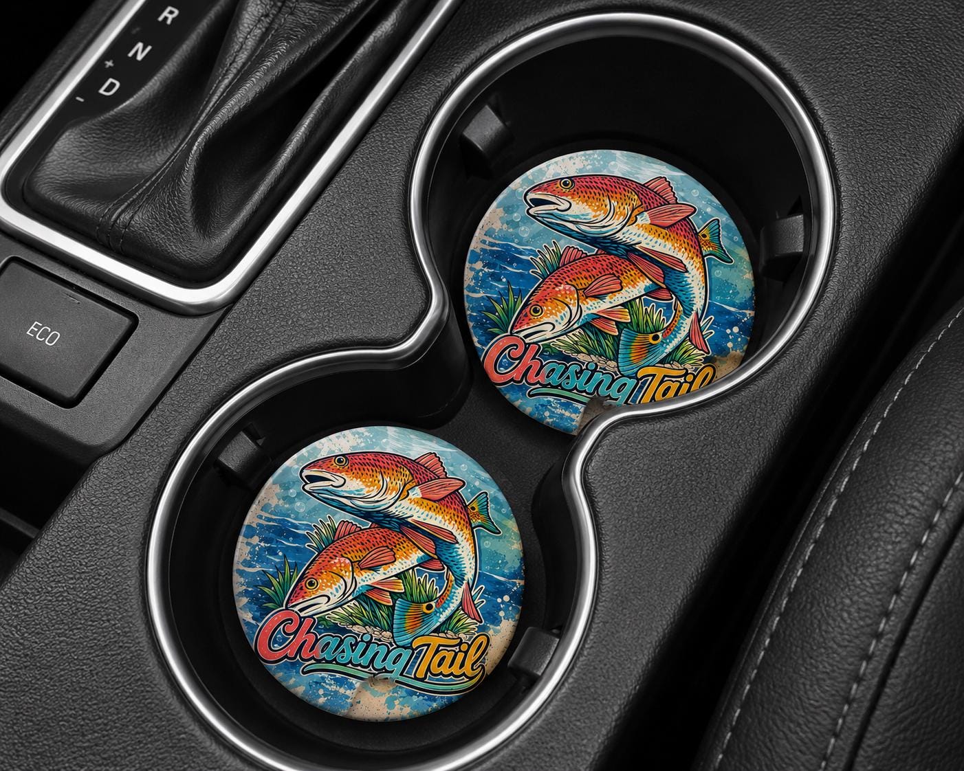 Chasing Tail Red Drum Car Coasters/Ceramic or Neoprene Fabric