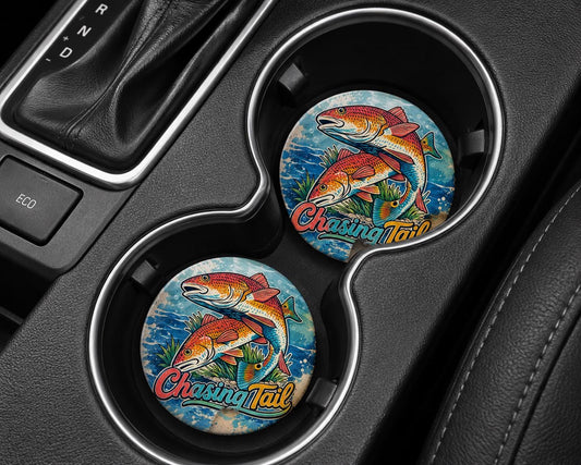 Chasing Tail Red Drum Car Coasters/Ceramic or Neoprene Fabric