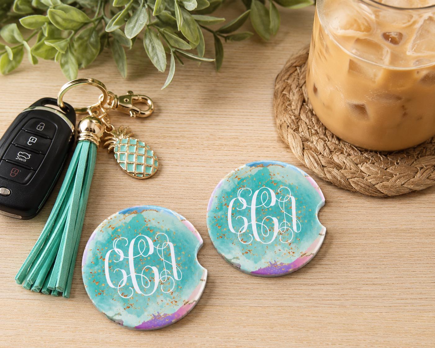 Personalized! Pastel Agate Faux Gold Glitter Car Coasters