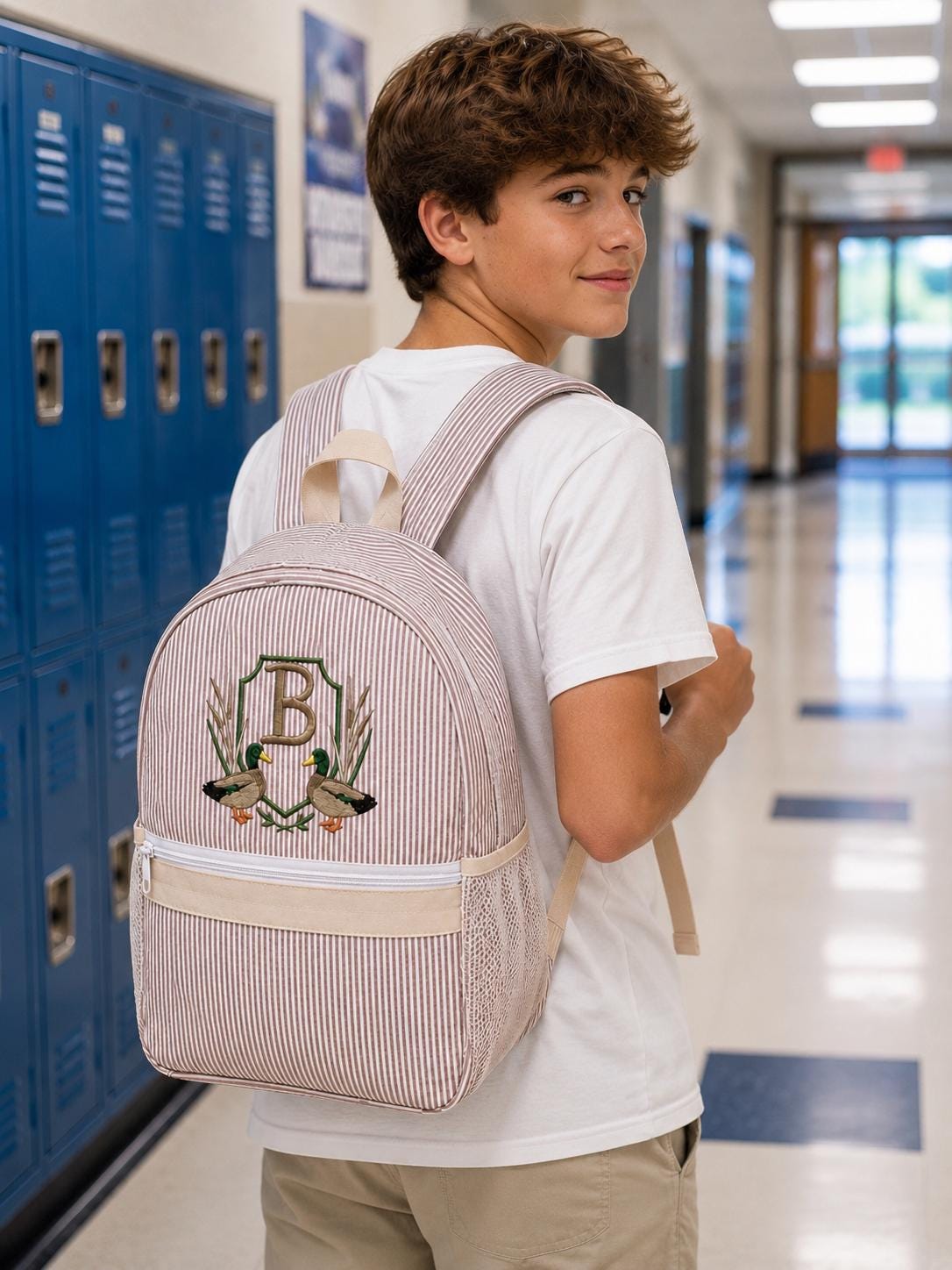 Khaki Gingham Backpack/Personalize It/NEW Embroidery Crest Frame Designs