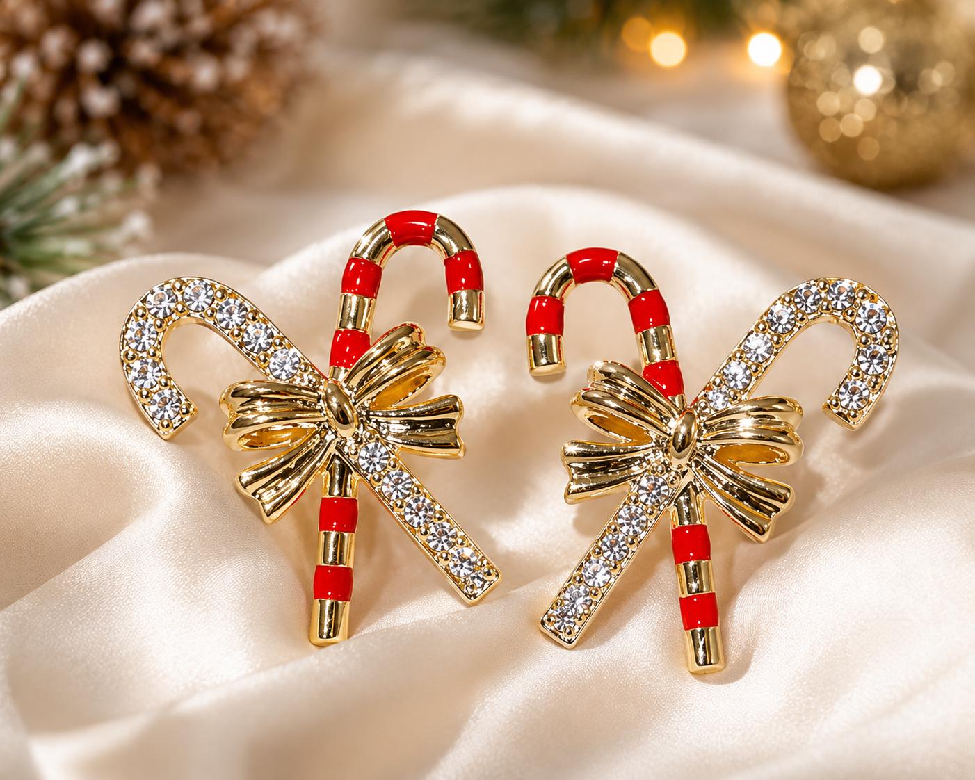Candy Cane with Bow Earrings, Alloy with Stainless Steel Posts