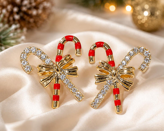 Candy Cane with Bow Earrings, Alloy with Stainless Steel Posts