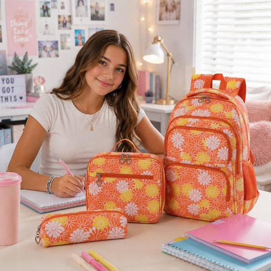 Orange and Yellow Daisy Print Girls Backpack Set