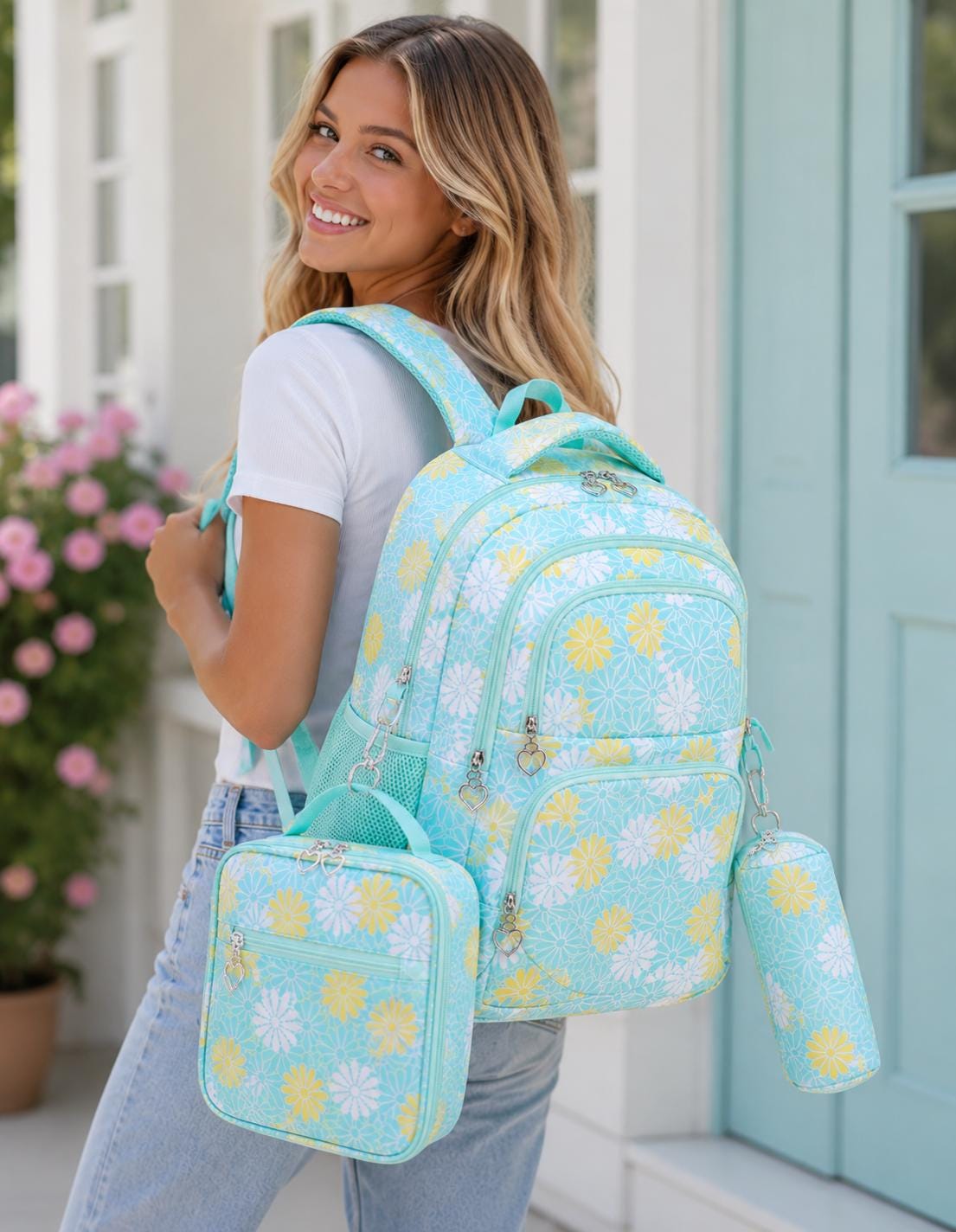 Yellow and Mint Daisy Print Girls Backpack Set
