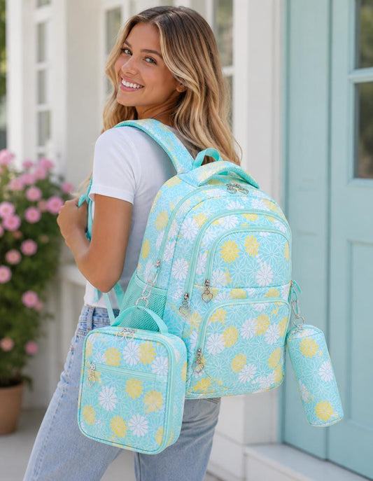 Yellow and Mint Daisy Print Girls Backpack Set