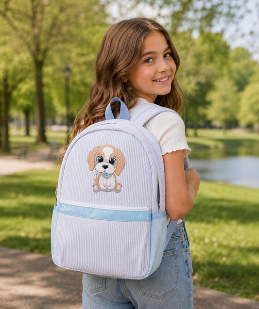 Aqua Seersucker Backpack/Personalize It/NEW Embroidery Crest Frame Designs