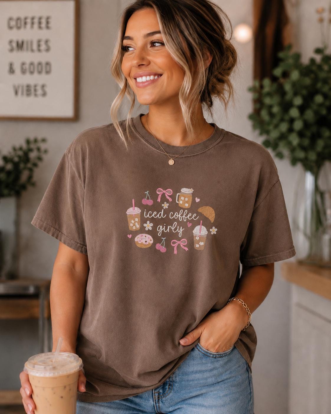 Iced Coffee Girly Embroidered Tee