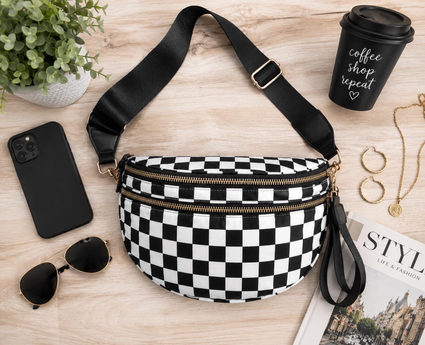 BLACK AND WHITE CHECKERED CROSSBODY BAG