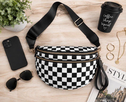 BLACK AND WHITE CHECKERED CROSSBODY BAG