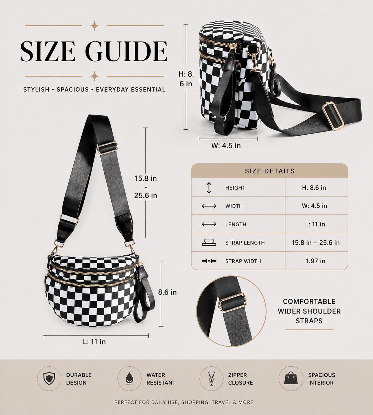 BLACK AND WHITE CHECKERED CROSSBODY BAG