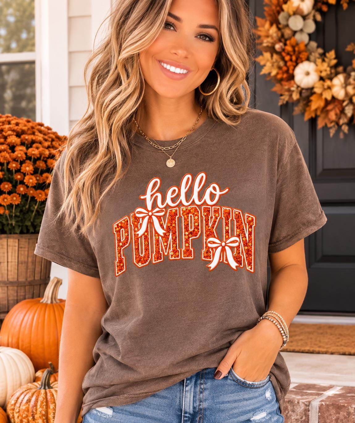 Hello Pumpkin Sequin Applique Fabric Design Embroidery T-Shirt