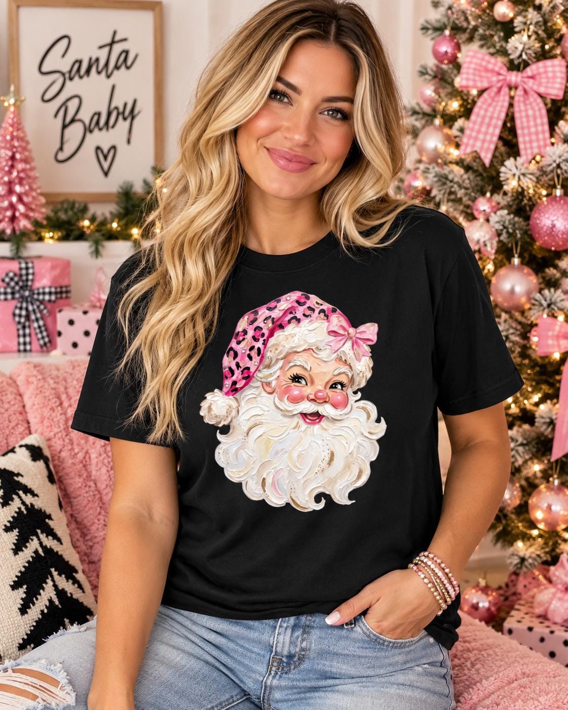 Pink Leopard Santa Christmas Graphic Tee/ Sweatshirt