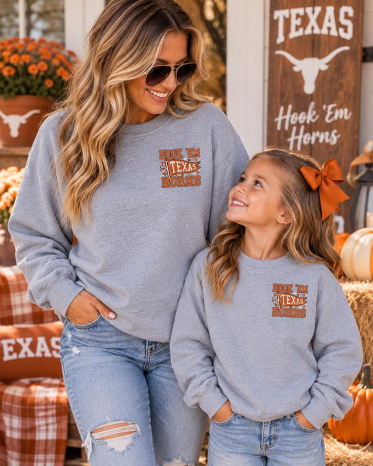 Hook ‘Em Horns Spirit Embroidered Tee or Sweatshirt/Adult And Youth Sizes