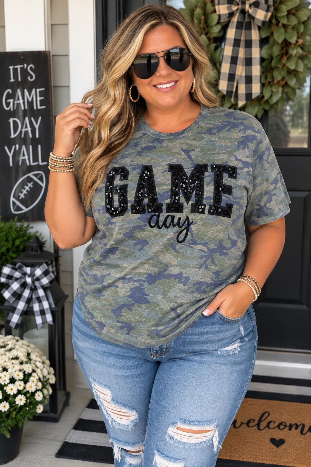 GAME DAY Sequin Appliqué Camo Tee/Pick your sequin applique color