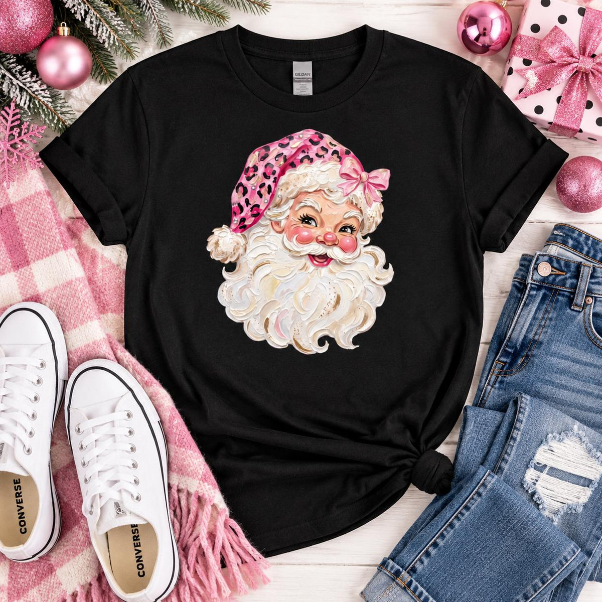 Pink Leopard Santa Christmas Graphic Tee/ Sweatshirt