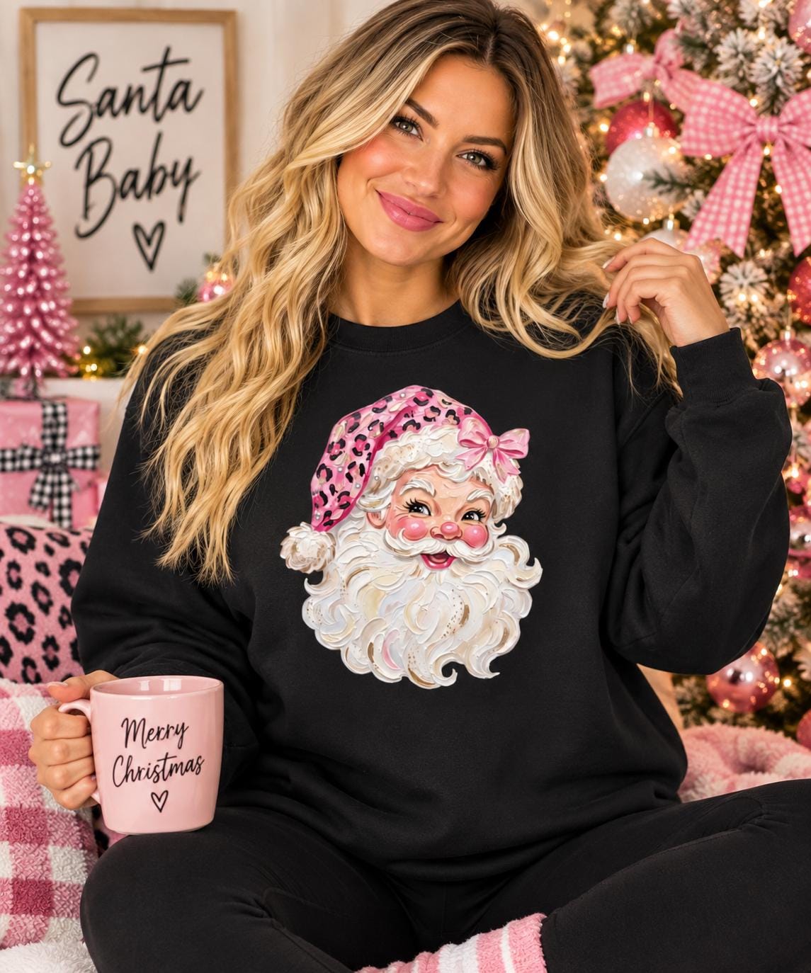 Pink Leopard Santa Christmas Graphic Tee/ Sweatshirt