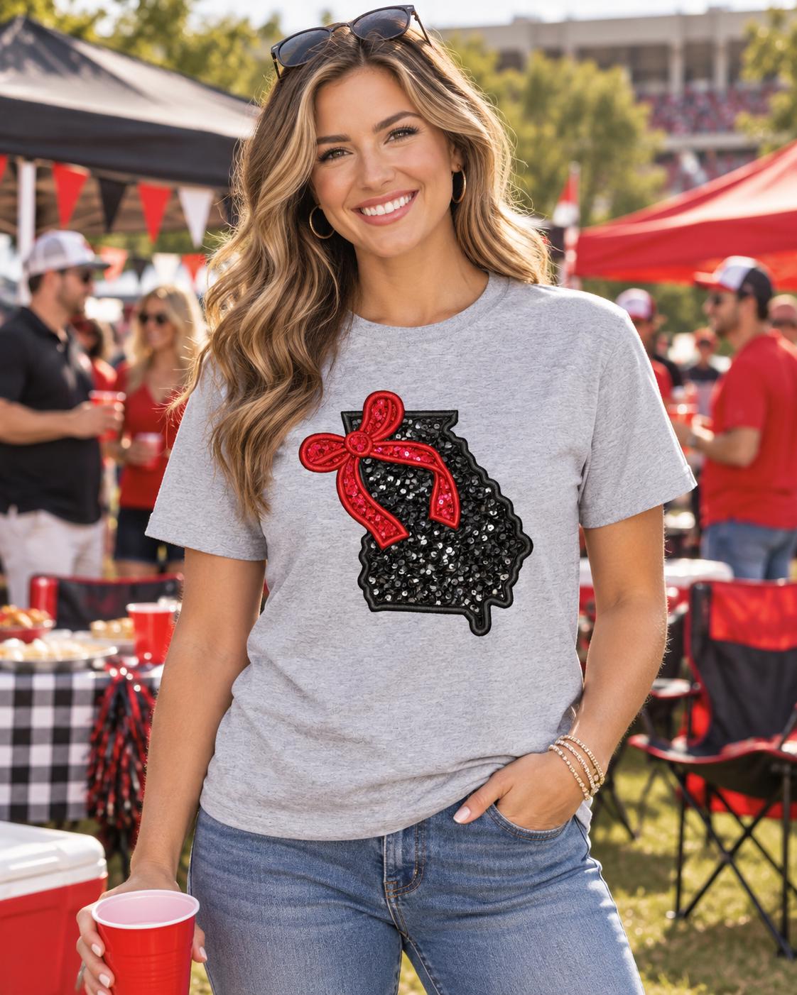 Coquette Georgia Sequin Applique Spirit Embroidered Tee or Sweatshirt/Adult And Youth Sizes