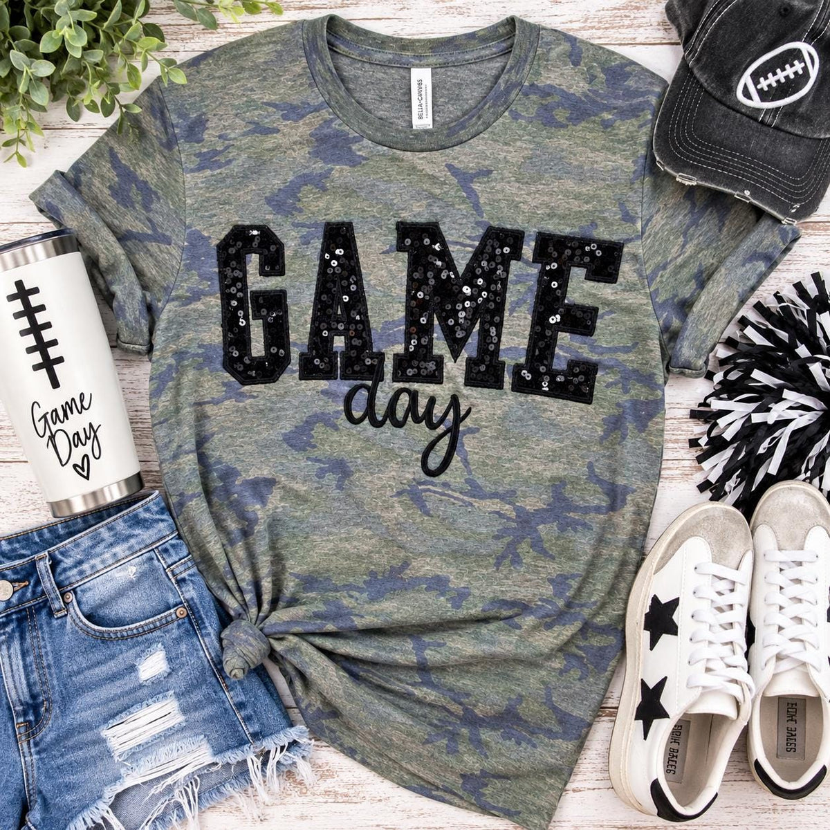 GAME DAY Sequin Appliqué Camo Tee/Pick your sequin applique color