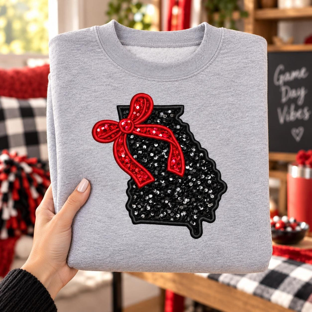 Coquette Georgia Sequin Applique Spirit Embroidered Tee or Sweatshirt/Adult And Youth Sizes