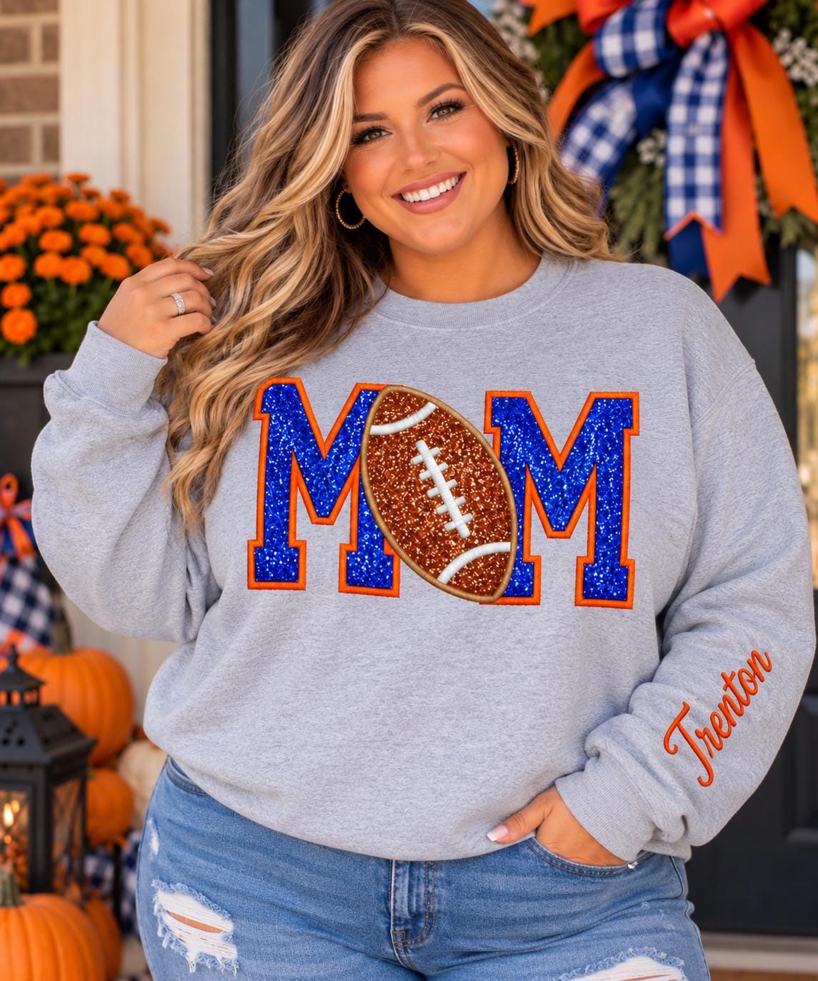 Football Mom Custom Personalized Applique Crewneck Sweatshirt