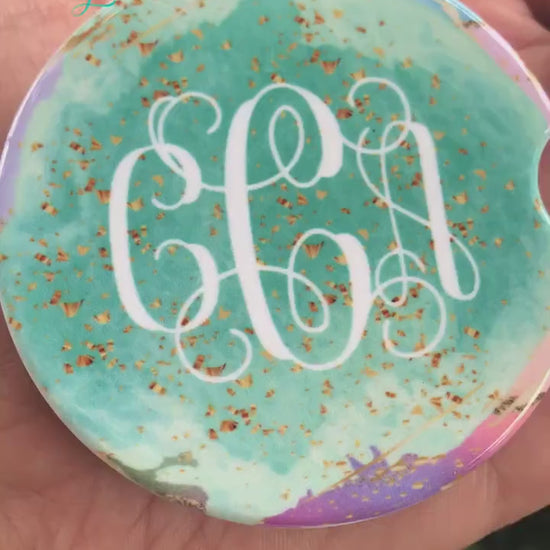 Personalized Pastel Agate Faux Gold Glitter Car Coasters