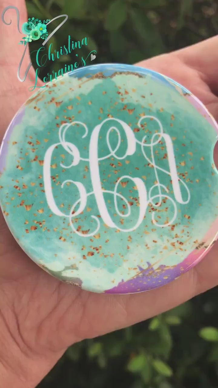 Personalized Pastel Agate Faux Gold Glitter Car Coasters