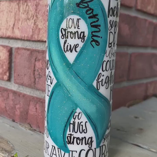 Personalized Ovarian Cancer Awareness Teal Ribbon Tumbler