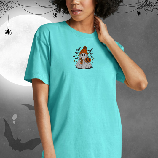 Halloween Ghost Embroidery Small Chest Design T-Shirt