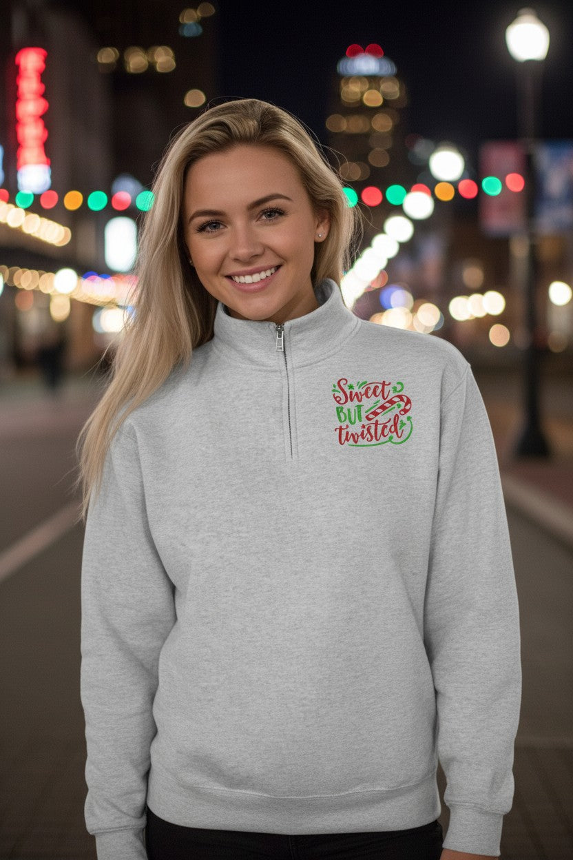 Sweet But Twisted Embroidery Trendy Quarter Zip Fleece Pullover