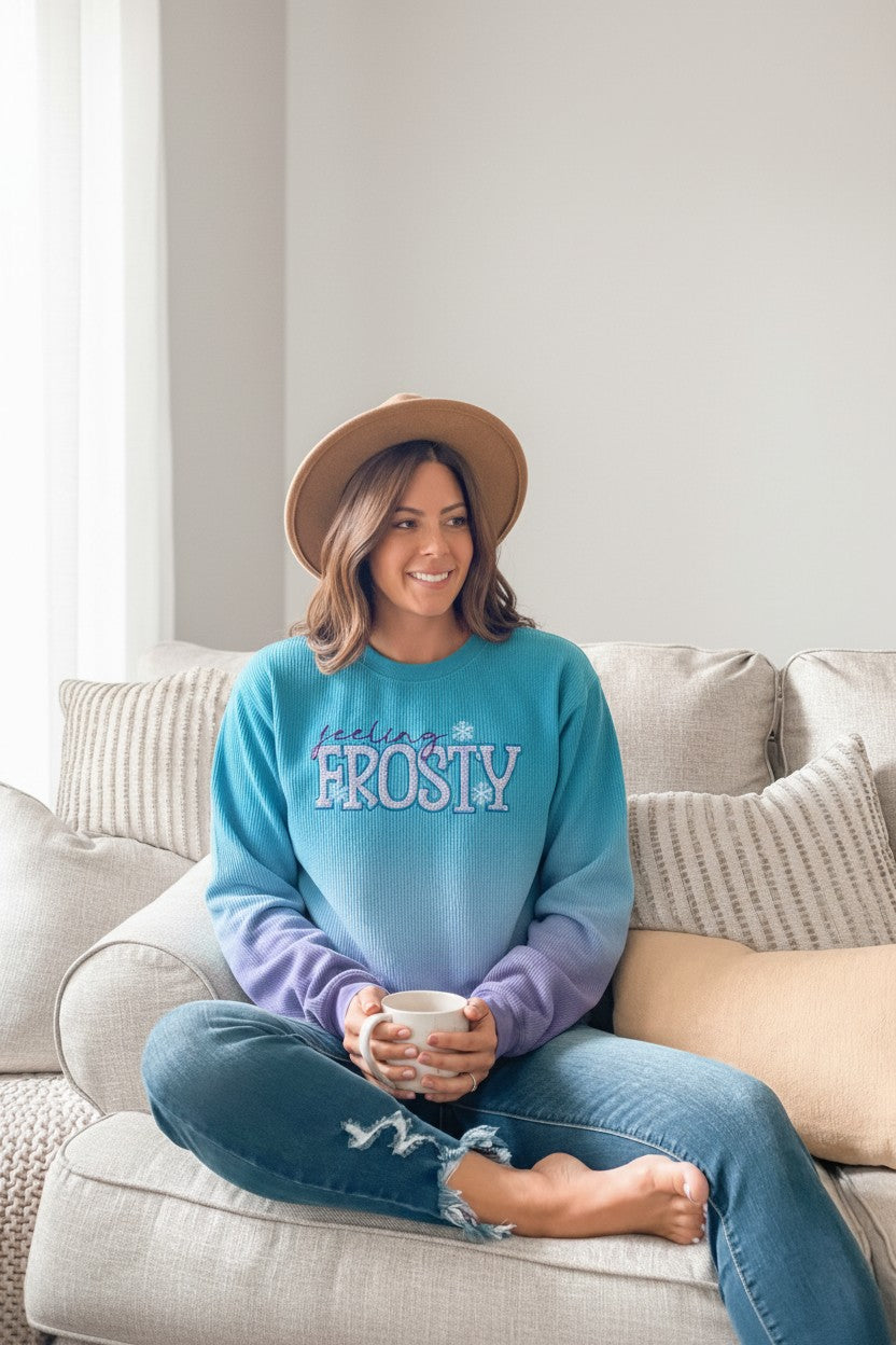 Feeling Frosty Sequin Embroidery Design Blue/Purple Ombre Luxury Corded Crew Sweatshirt
