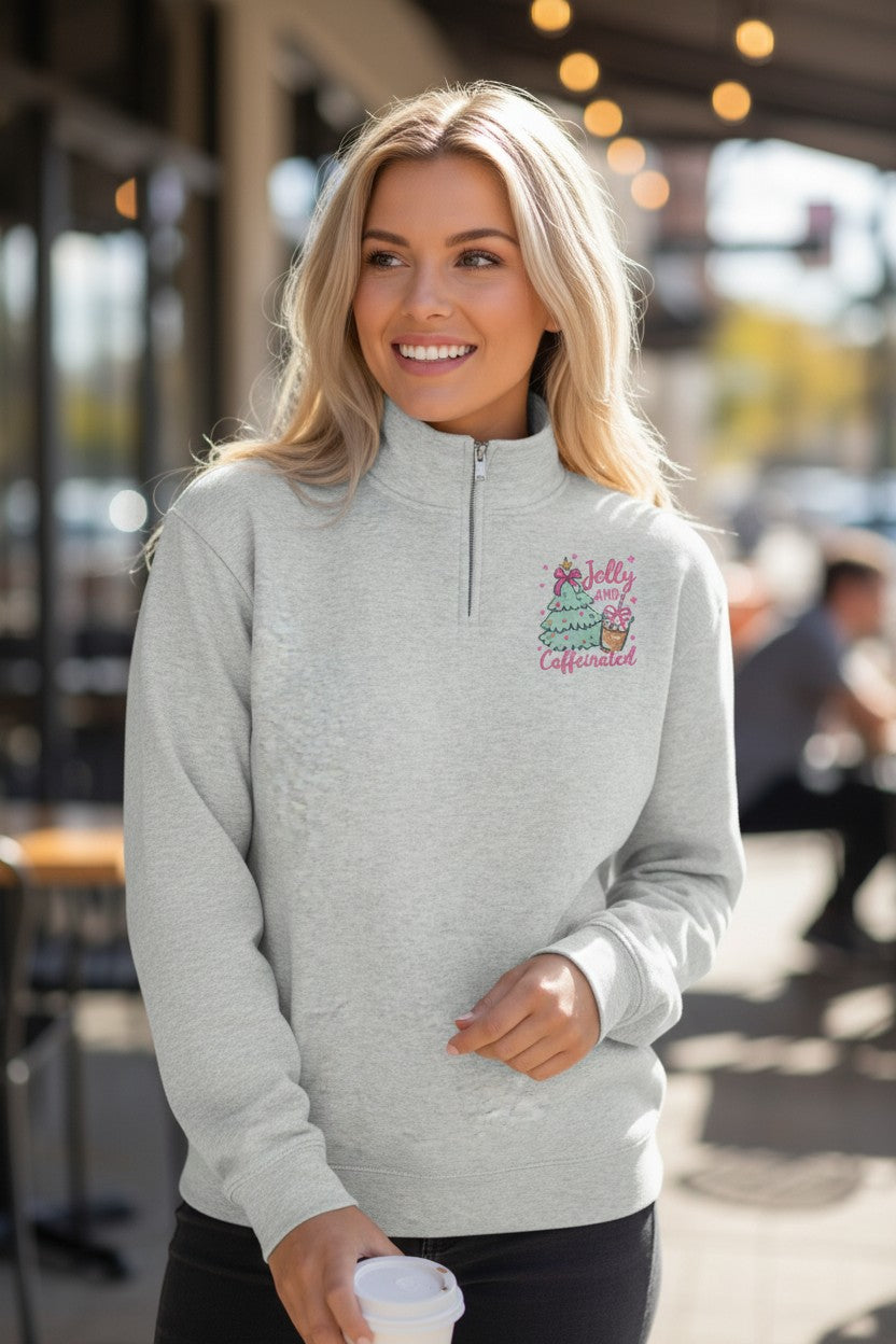 Jolly and Caffeinated Embroidery Trendy Quarter Zip Fleece Pullover