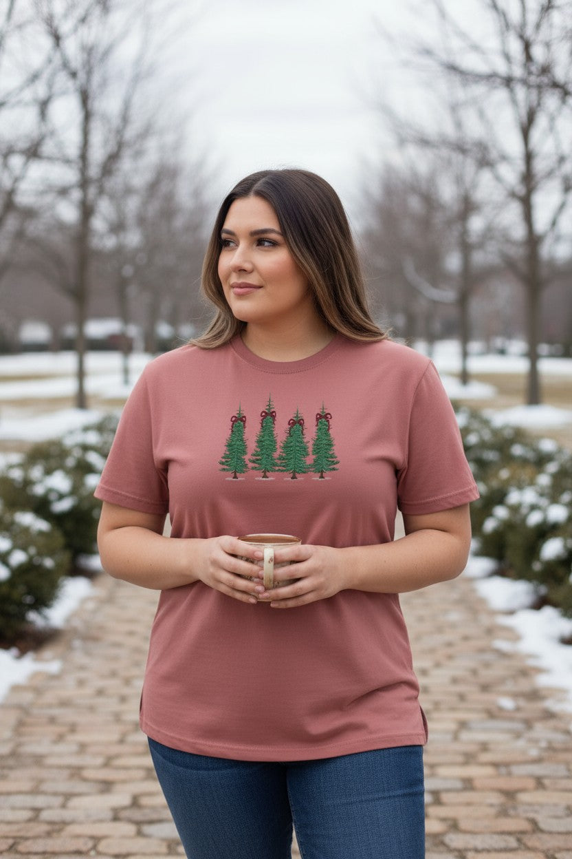 Coquette Tree Design Christmas Embroidery Plus Size Shirt