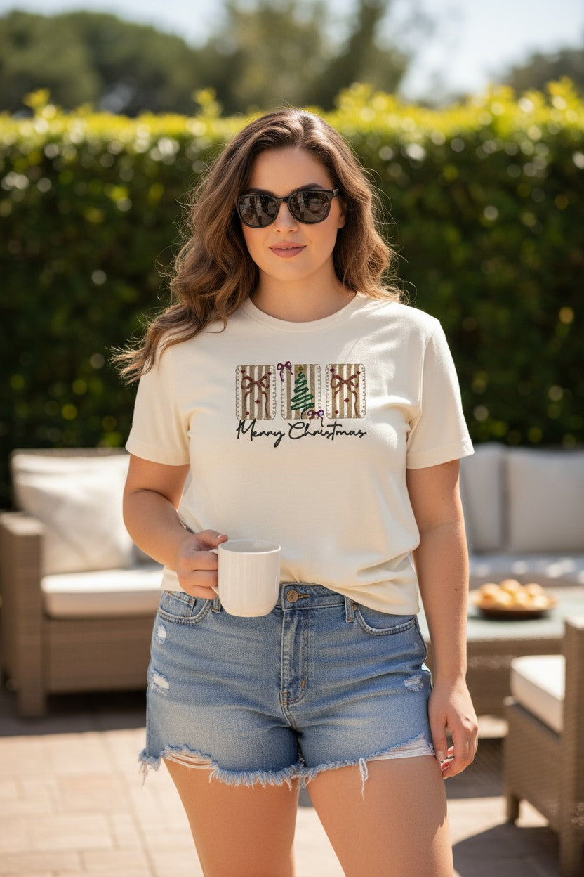 Coquette Merry Christmas Design Christmas Embroidery Plus Size Shirt