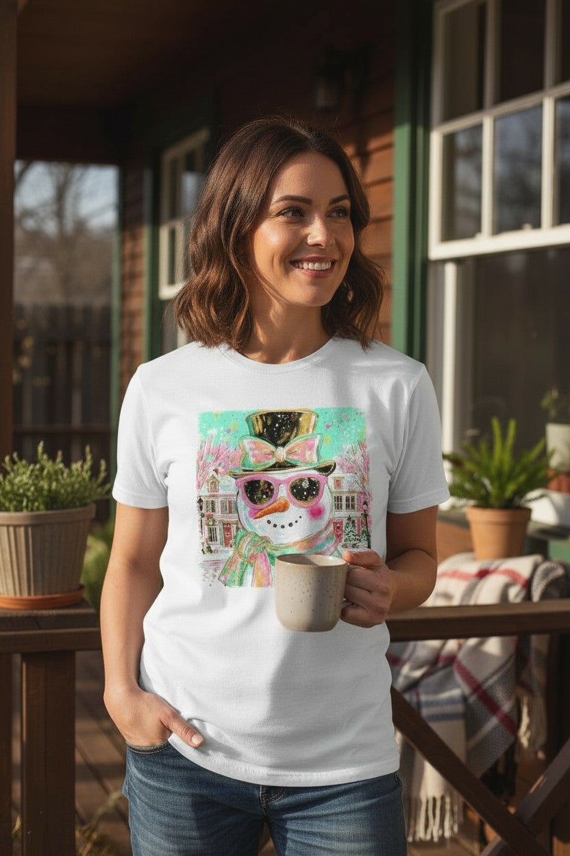 Preppy Snowman Design Graphic T-Shirt