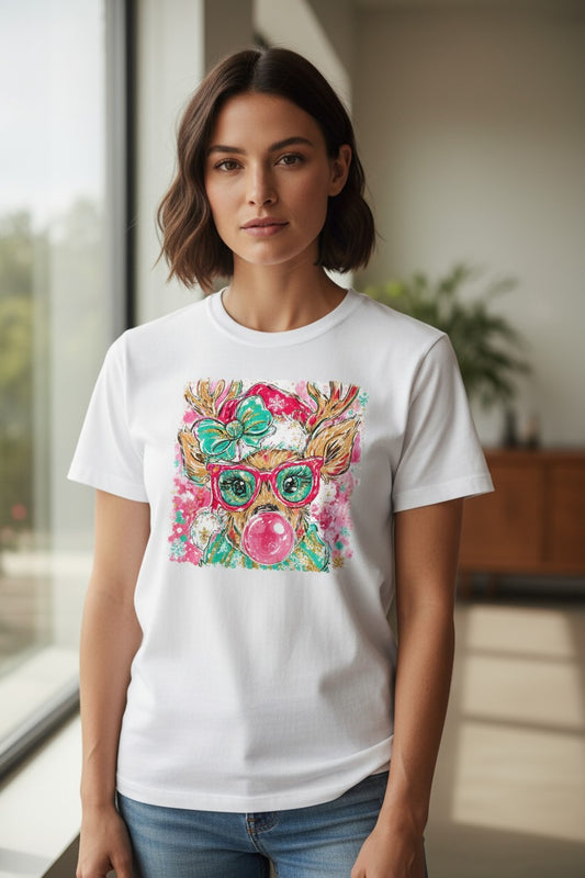 Preppy Coquette Reindeer Design Graphic T-Shirt