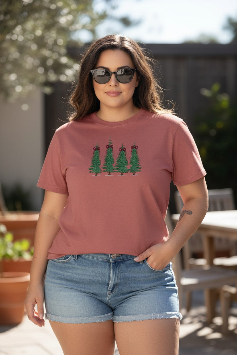 Coquette Tree Design Christmas Embroidery Plus Size Shirt