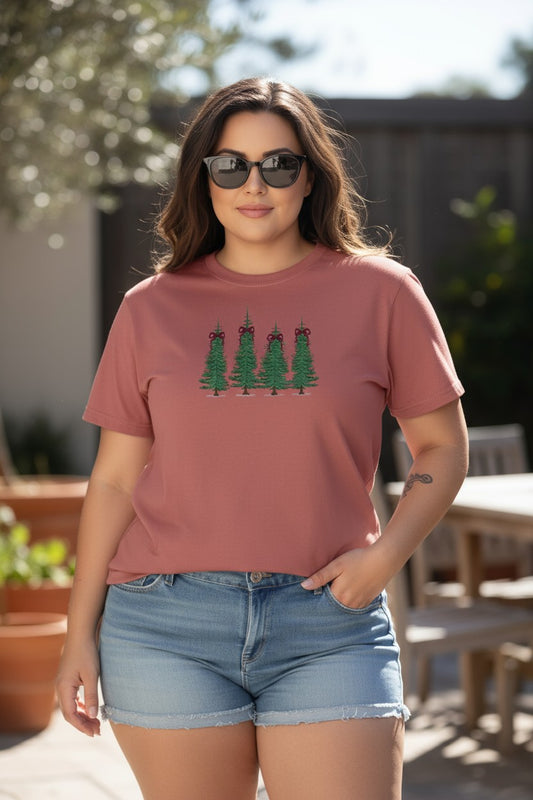 Coquette Tree Design Christmas Embroidery Plus Size Shirt