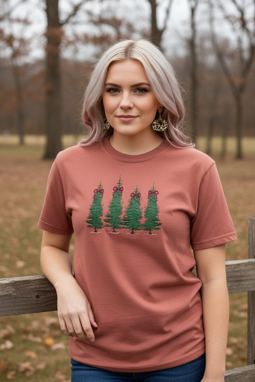 Coquette Tree Design Christmas Embroidery Shirt