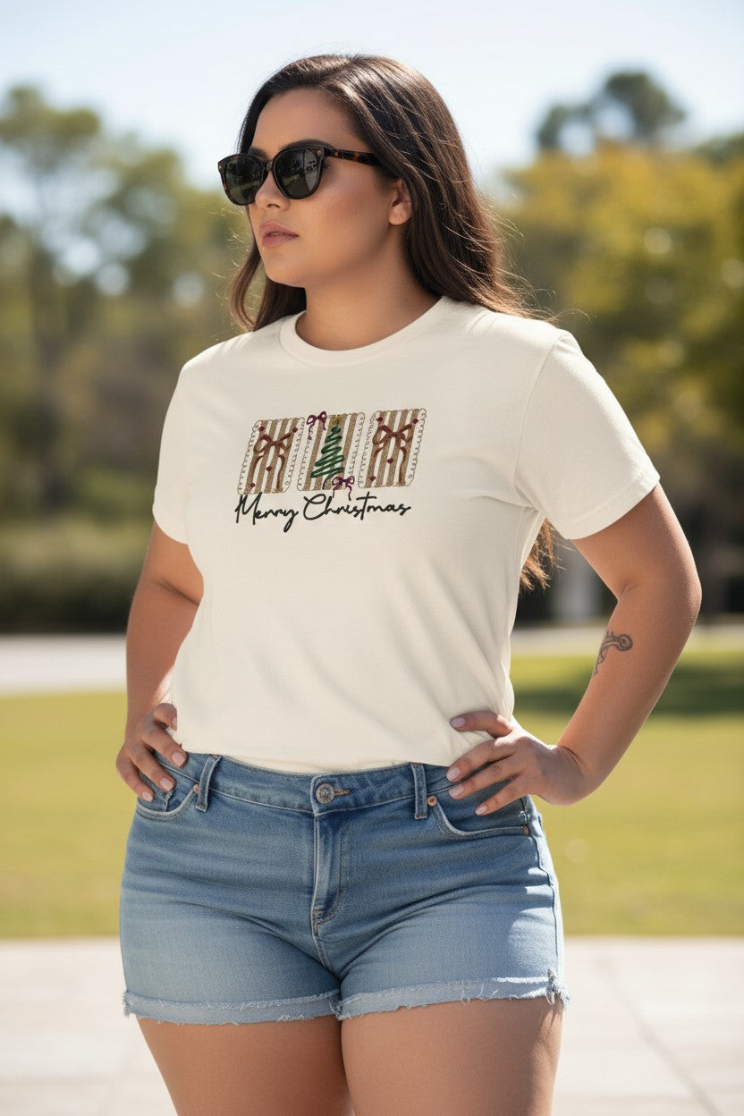 Coquette Merry Christmas Design Christmas Embroidery Plus Size Shirt