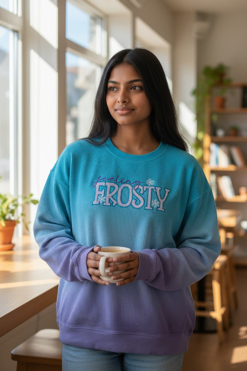 Feeling Frosty Sequin Embroidery Design Blue/Purple Ombre Luxury Corded Crew Sweatshirt