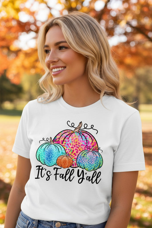 It's Fall Y'all Bright Leopard Pumpkin Design Graphic T-Shirt
