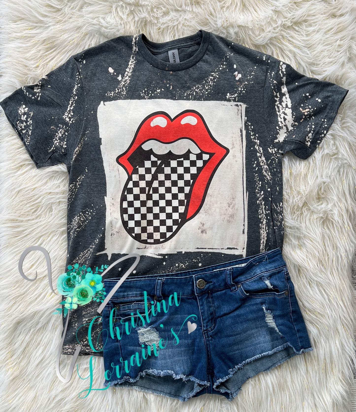 LOUD MOUTH Racing/Checkered Flag Tongue Hand Bleached Ladies/Women's T-Shirt