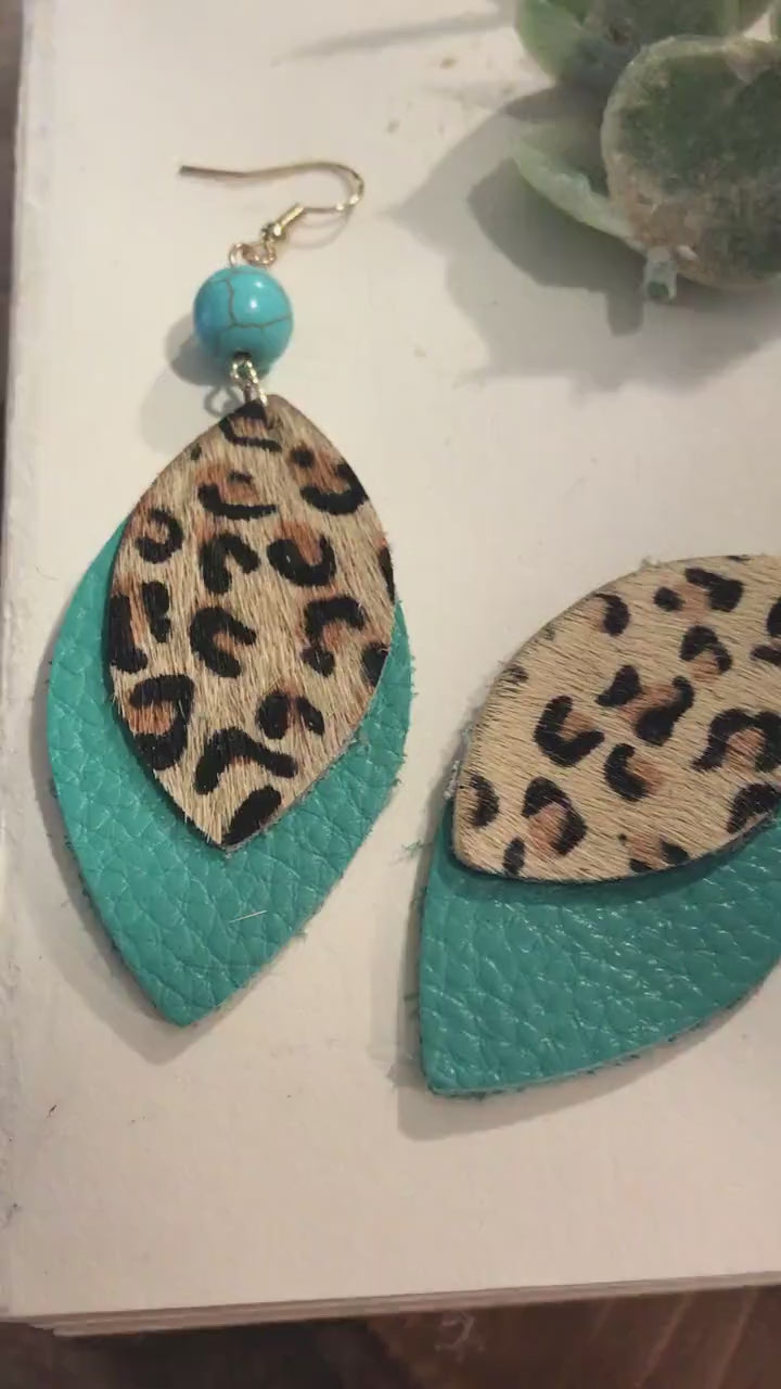 Turquoise Bead LEOPARD Layered Marquise Earrings