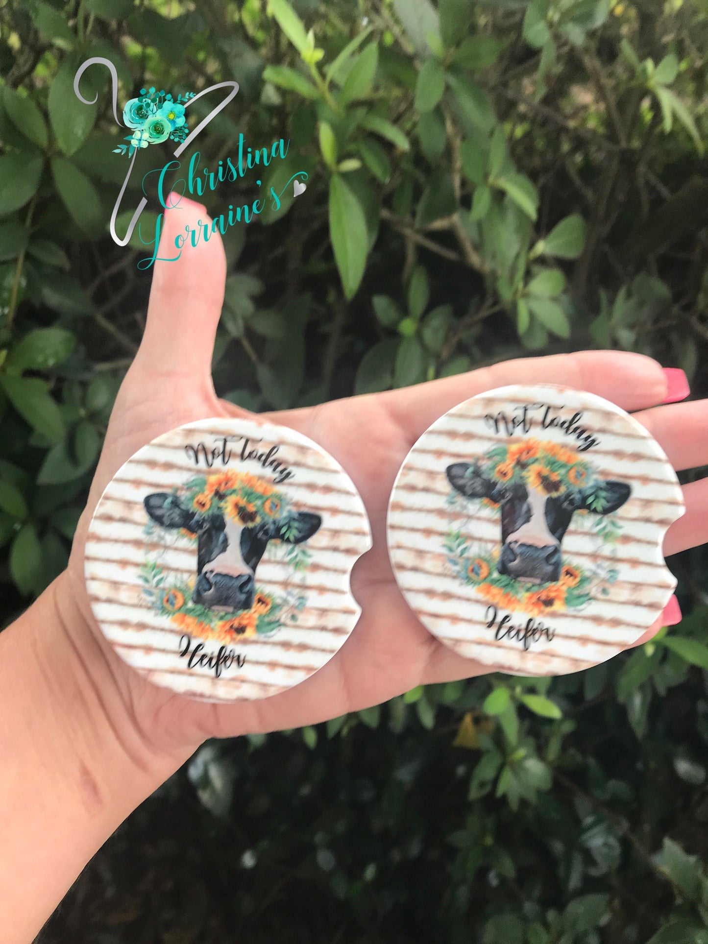 Custom "Not Today Heifer" Cow Design SandStone/Fabric Car Coasters-Sold Individually