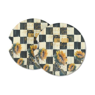 Courtly Check Sunflower Waymaker/My God Design Sandstone Car Coasters-Sold Individually