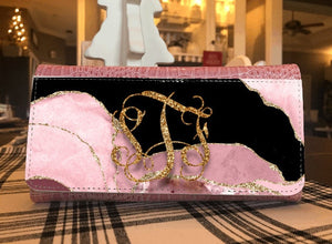 Personalized Pink Agate Design on Pink Eel Skin Inspired Wallet